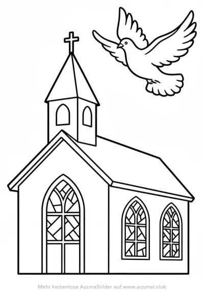 Kirche mit Taube Ausmalbild zu Pfingsten