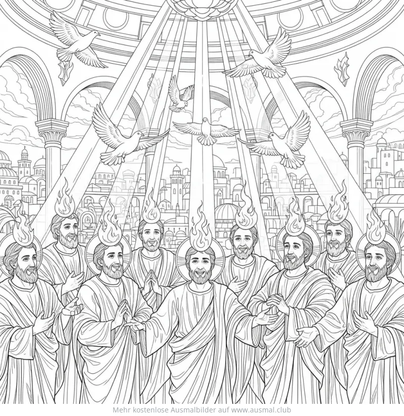 Apostel mit Flammen und Tauben Ausmalbild Pfingsten