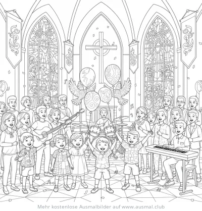 Pfingstgottesdienst mit Gemeinde, Band und Ballons Ausmalbild