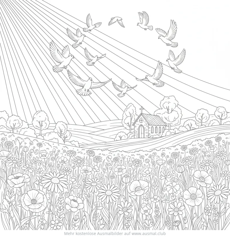 Pfingsten Ausmalbild mit Kirche, Blumenwiese und Tauben