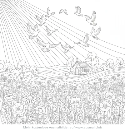 Pfingsten Ausmalbild mit Kirche, Blumenwiese und Tauben