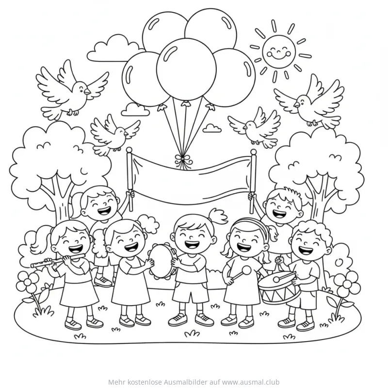 Pfingsten Fest Ausmalbild mit Kindern, Musikinstrumenten, Tauben und Luftballons