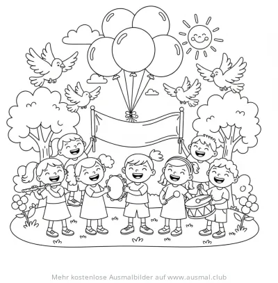 Pfingsten Fest Ausmalbild mit Kindern, Musikinstrumenten, Tauben und Luftballons