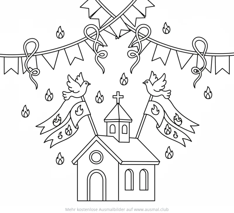 Pfingsten Ausmalbild: Kirche, Tauben, Flammen und Girlanden