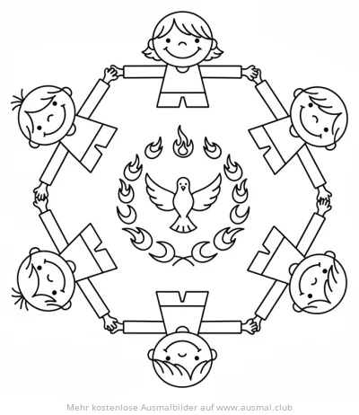 Kinder halten Hände im Kreis um Taube und Flammen Ausmalbild