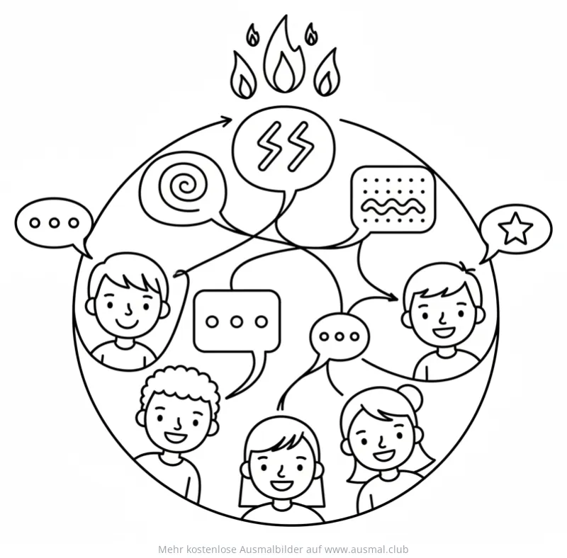 Pfingsten Ausmalbild mit Kindern und Sprachen-Symbolen