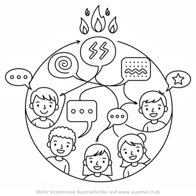 Pfingsten Ausmalbild mit Kindern und Sprachen-Symbolen