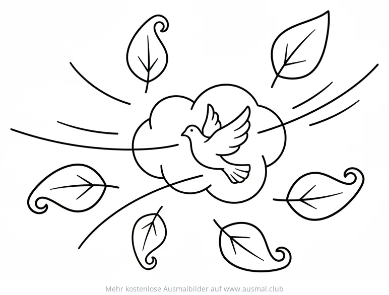Taube im Wind mit Blättern Ausmalbild für Pfingsten