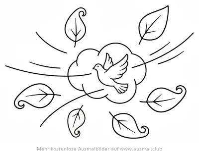 Taube im Wind mit Blättern Ausmalbild für Pfingsten