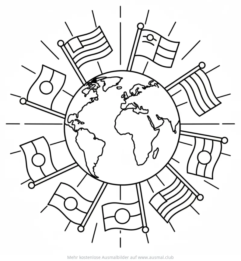 Weltkugel mit Flaggen Ausmalbild