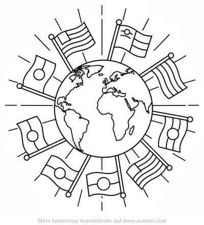 Weltkugel mit Flaggen Ausmalbild