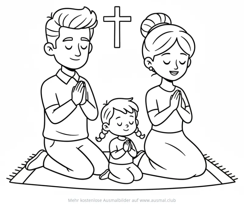 Familie im Gebet unter Kreuz Ausmalbild