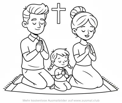 Familie im Gebet unter Kreuz Ausmalbild