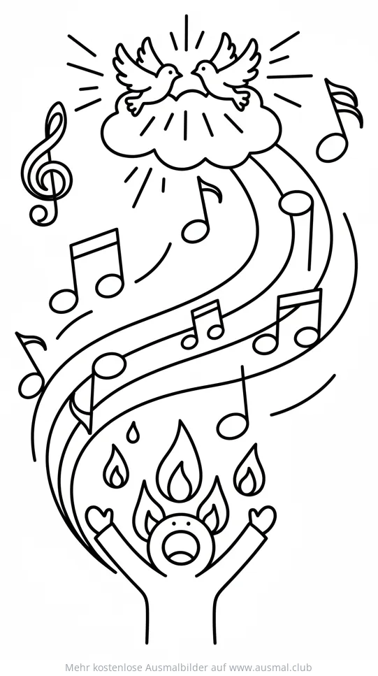 Pfingsten Ausmalbild mit Noten, Tauben und Feuerflammen