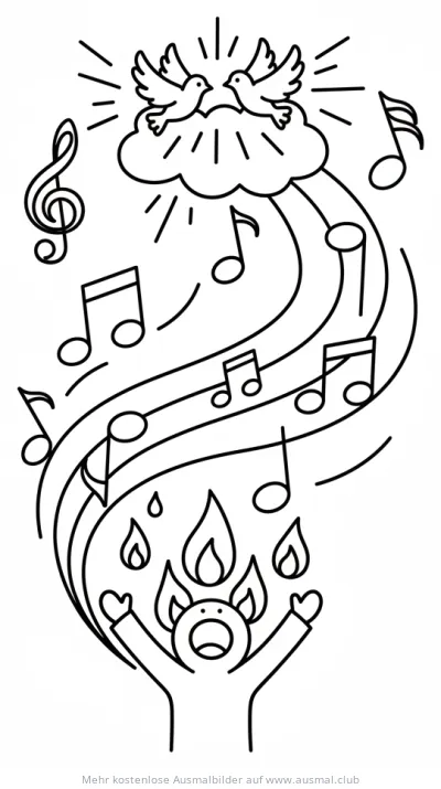 Pfingsten Ausmalbild mit Noten, Tauben und Feuerflammen