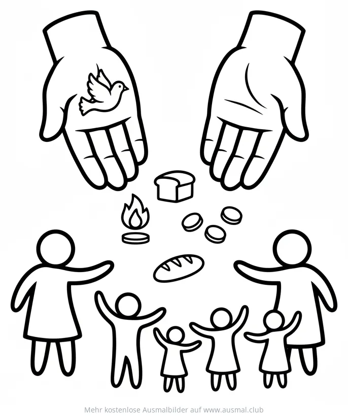 Pfingsten Ausmalbild mit Familie, Brot, Taube und Flamme