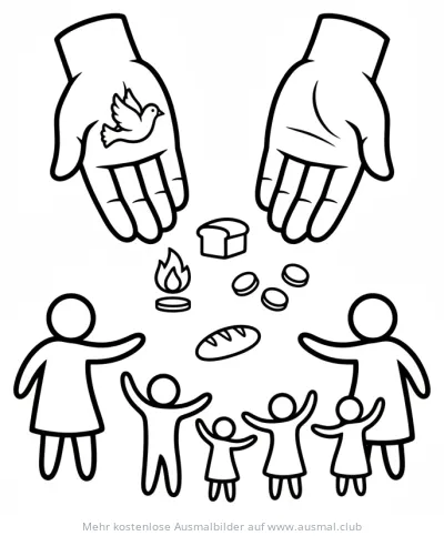 Pfingsten Ausmalbild mit Familie, Brot, Taube und Flamme