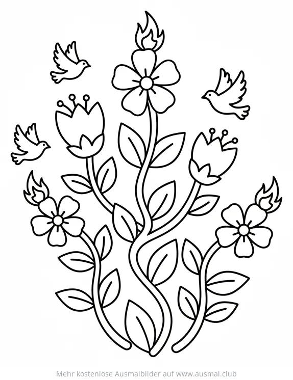 Pfingsten Ausmalbild mit Blumen und Tauben