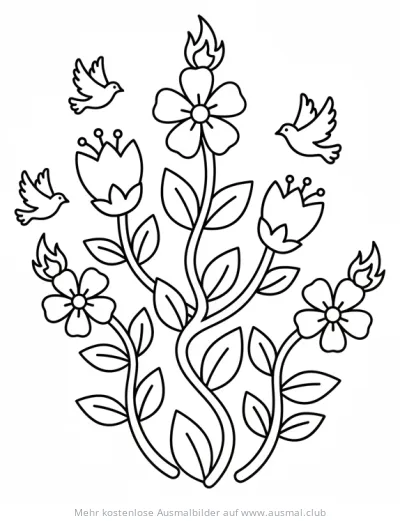 Pfingsten Ausmalbild mit Blumen und Tauben