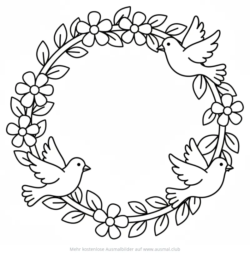 Pfingsten: Kranz mit Blumen und Tauben Ausmalbild