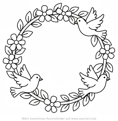 Pfingsten: Kranz mit Blumen und Tauben Ausmalbild