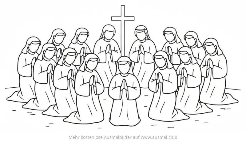 Betende Menschen vor Kreuz Ausmalbild zu Pfingsten