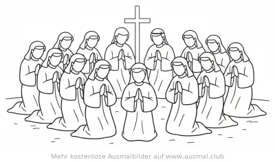 Betende Menschen vor Kreuz Ausmalbild zu Pfingsten