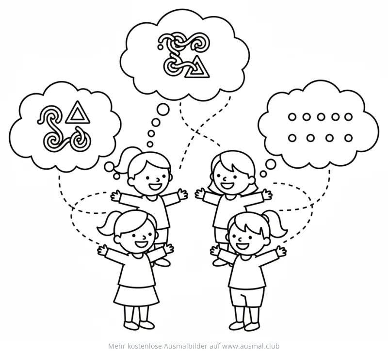 Sprachenwunder Ausmalbild mit Kindern und Symbolen