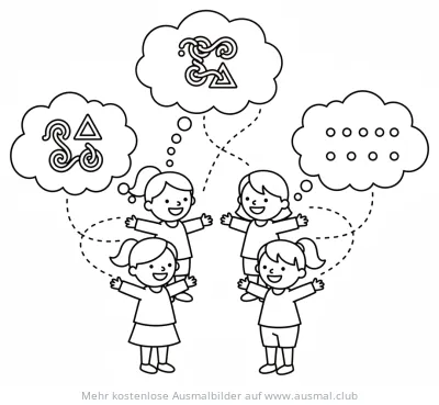 Sprachenwunder Ausmalbild mit Kindern und Symbolen