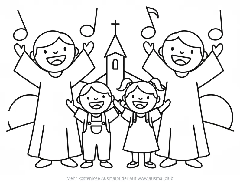 Singende Menschen vor Kirche Ausmalbild