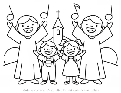 Singende Menschen vor Kirche Ausmalbild