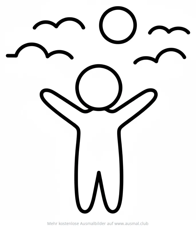 Person mit offenen Armen Ausmalbild mit Vögeln und Sonne