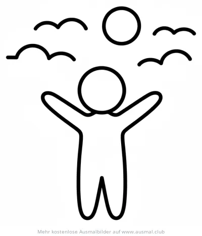 Person mit offenen Armen Ausmalbild mit Vögeln und Sonne