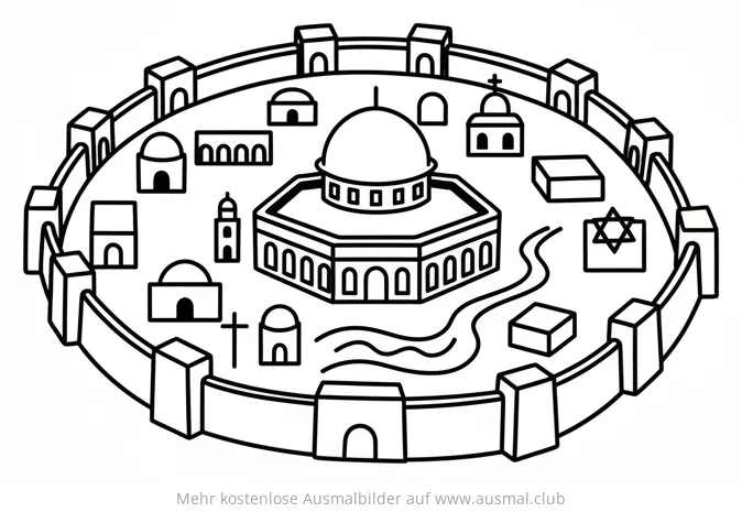 Jerusalem Ausmalbild mit Stadtmauer und religiösen Symbolen