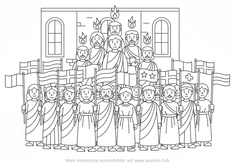 Pfingsten: Jünger Jesu mit Flaggen verschiedener Nationen Ausmalbild