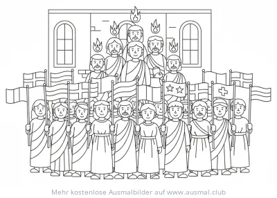 Pfingsten: Jünger Jesu mit Flaggen verschiedener Nationen Ausmalbild