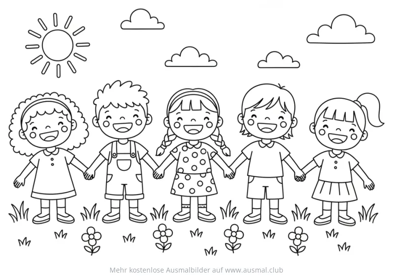 Gruppe Kinder Hand in Hand Ausmalbild