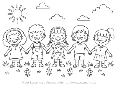 Gruppe Kinder Hand in Hand Ausmalbild