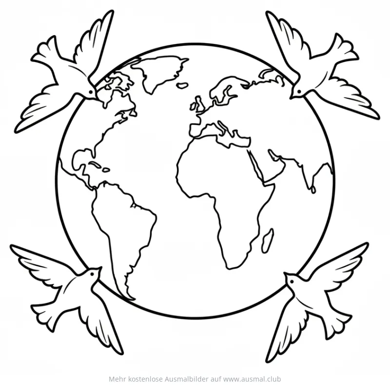 Weltkugel umgeben von vier Tauben Ausmalbild