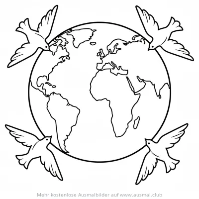 Weltkugel umgeben von vier Tauben Ausmalbild