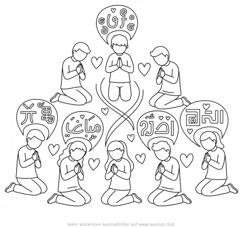 Neun kniende, betende Menschen mit Sprechblasen in verschiedenen Sprachen Ausmalbild