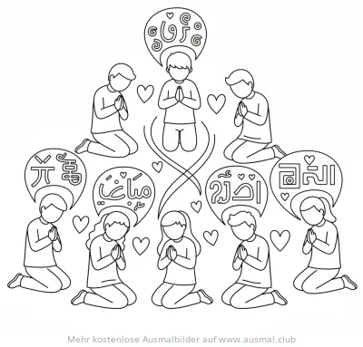 Neun kniende, betende Menschen mit Sprechblasen in verschiedenen Sprachen Ausmalbild