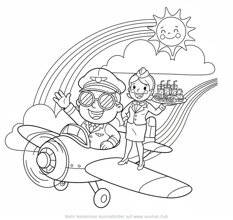Pilot und Flugbegleiterin im Flugzeug Ausmalbild