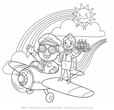 Pilot und Flugbegleiterin im Flugzeug Ausmalbild