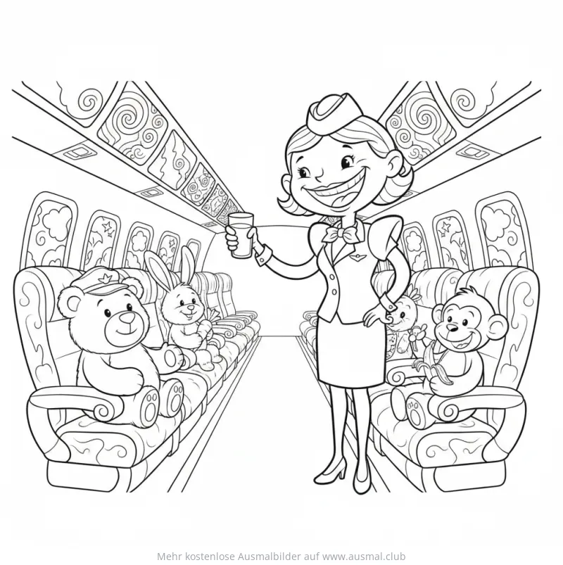 Flugbegleiterin serviert Tieren Getränke im Flugzeug Ausmalbild