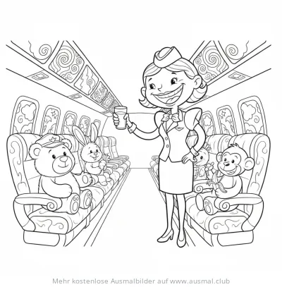 Flugbegleiterin serviert Tieren Getränke im Flugzeug Ausmalbild