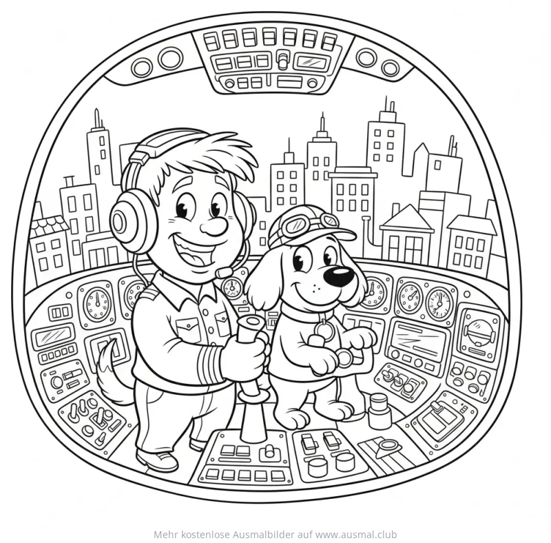 Pilot und Hund im Cockpit Flugzeug Ausmalbild