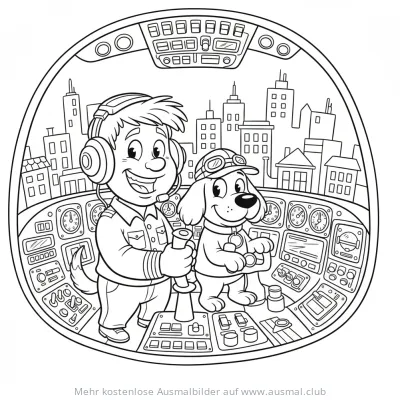 Pilot und Hund im Cockpit Flugzeug Ausmalbild