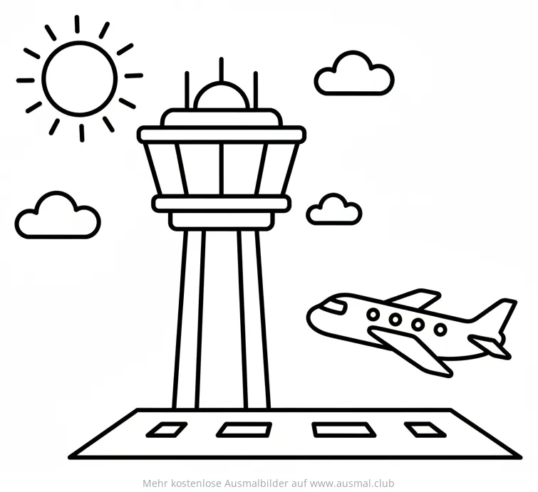 Flughafen mit Kontrollturm und Flugzeug Ausmalbild