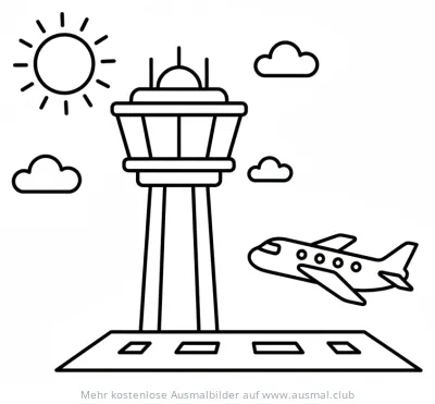 Flughafen mit Kontrollturm und Flugzeug Ausmalbild